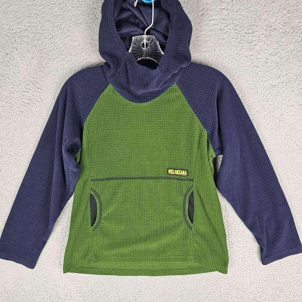 Melanzana Hoodie Kids L Green Navy Microgrid Fleece Pullover Made in USA